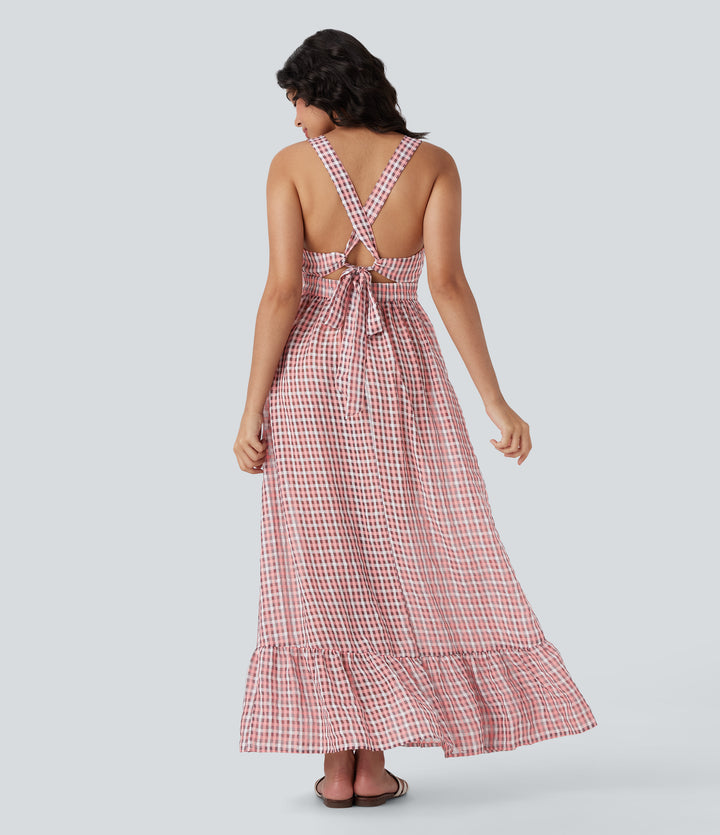 Crisscross Backless Tie Back Invisible Zipper Ruffle Hem Plaid Flowy Maxi Casual Dress — Pink White Gradient Plaid — view 1