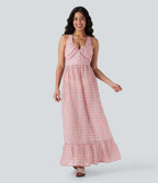 Crisscross Backless Tie Back Invisible Zipper Ruffle Hem Plaid Flowy Maxi Casual Dress — Pink White Gradient Plaid — view 2
