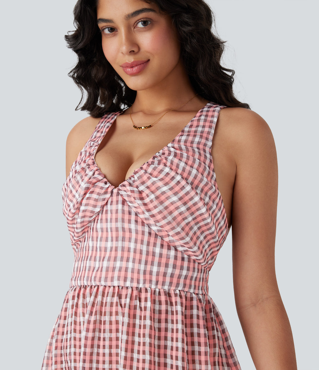 Crisscross Backless Tie Back Invisible Zipper Ruffle Hem Plaid Flowy Maxi Casual Dress — Pink White Gradient Plaid — view 5