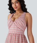Crisscross Backless Tie Back Invisible Zipper Ruffle Hem Plaid Flowy Maxi Casual Dress — Pink White Gradient Plaid — view 5