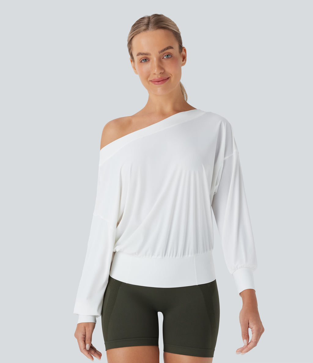 One Shoulder Oversize Quick Dry Yoga Sports Top — White — view 3