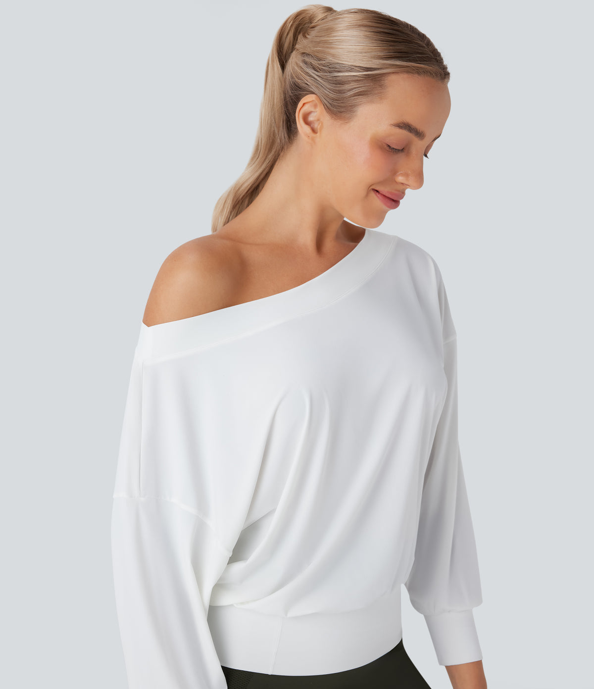 One Shoulder Oversize Quick Dry Yoga Sports Top — White — view 4