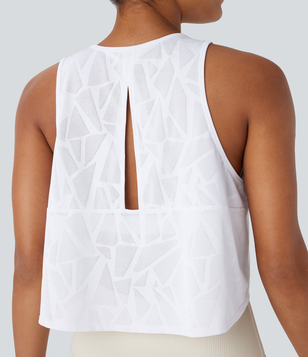 Round Neck Cut Out Cropped Yoga Tank Vest Top — White — view 1