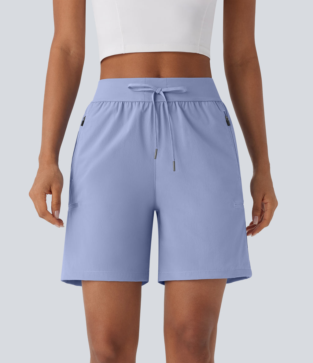 Water Repellent Wear-Resistant Mid Rise Drawstring Multiple Zipper Pockets Hiking Shorts — Azure Haze — view 3
