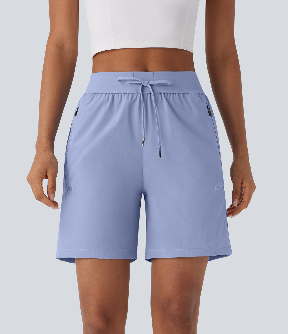 Water Repellent Wear-Resistant Mid Rise Drawstring Multiple Zipper Pockets Hiking Shorts — Azure Haze — view 3