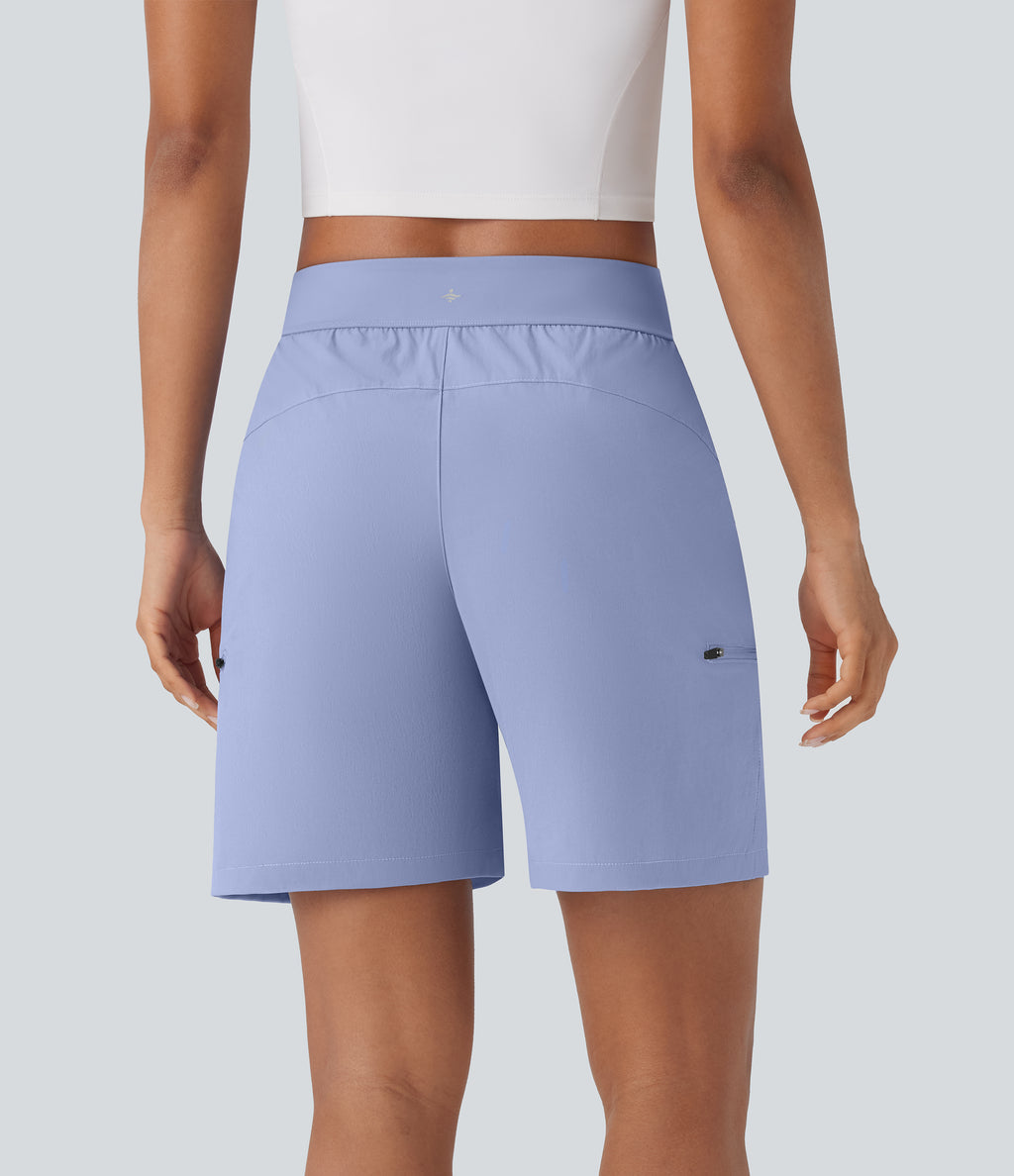 Water Repellent Wear-Resistant Mid Rise Drawstring Multiple Zipper Pockets Hiking Shorts — Azure Haze — view 2