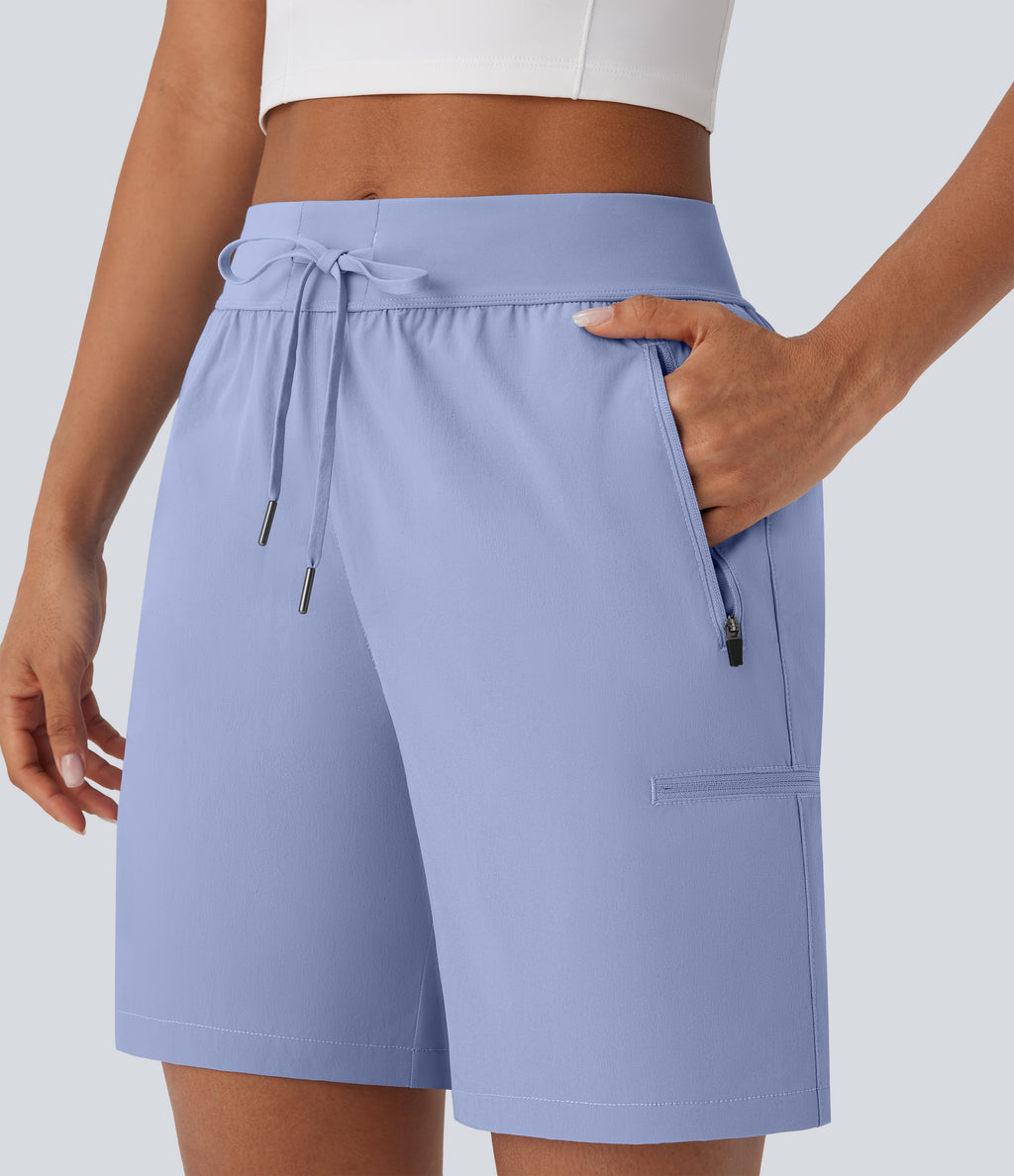 Water Repellent Wear-Resistant Mid Rise Drawstring Multiple Zipper Pockets Hiking Shorts — Azure Haze — view 5
