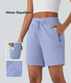 Water Repellent Wear-Resistant Mid Rise Drawstring Multiple Zipper Pockets Hiking Shorts — Azure Haze — view 1