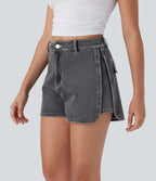 High Waisted Zipper Curved Hem Denim Casual Shorts 3'' — Smoky Gray Denim — view 1