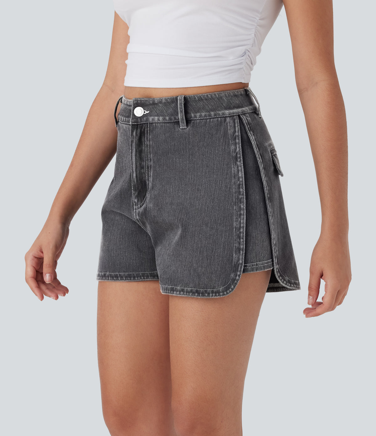 High Waisted Zipper Curved Hem Denim Casual Shorts 3'' — Smoky Gray Denim — view 1
