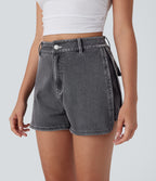 High Waisted Zipper Curved Hem Denim Casual Shorts 3'' — Smoky Gray Denim — view 5