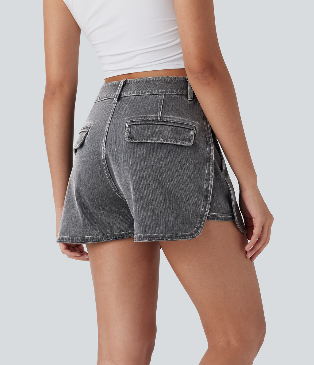 High Waisted Zipper Curved Hem Denim Casual Shorts 3'' — Smoky Gray Denim — view 2
