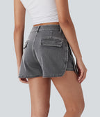 High Waisted Zipper Curved Hem Denim Casual Shorts 3'' — Smoky Gray Denim — view 2
