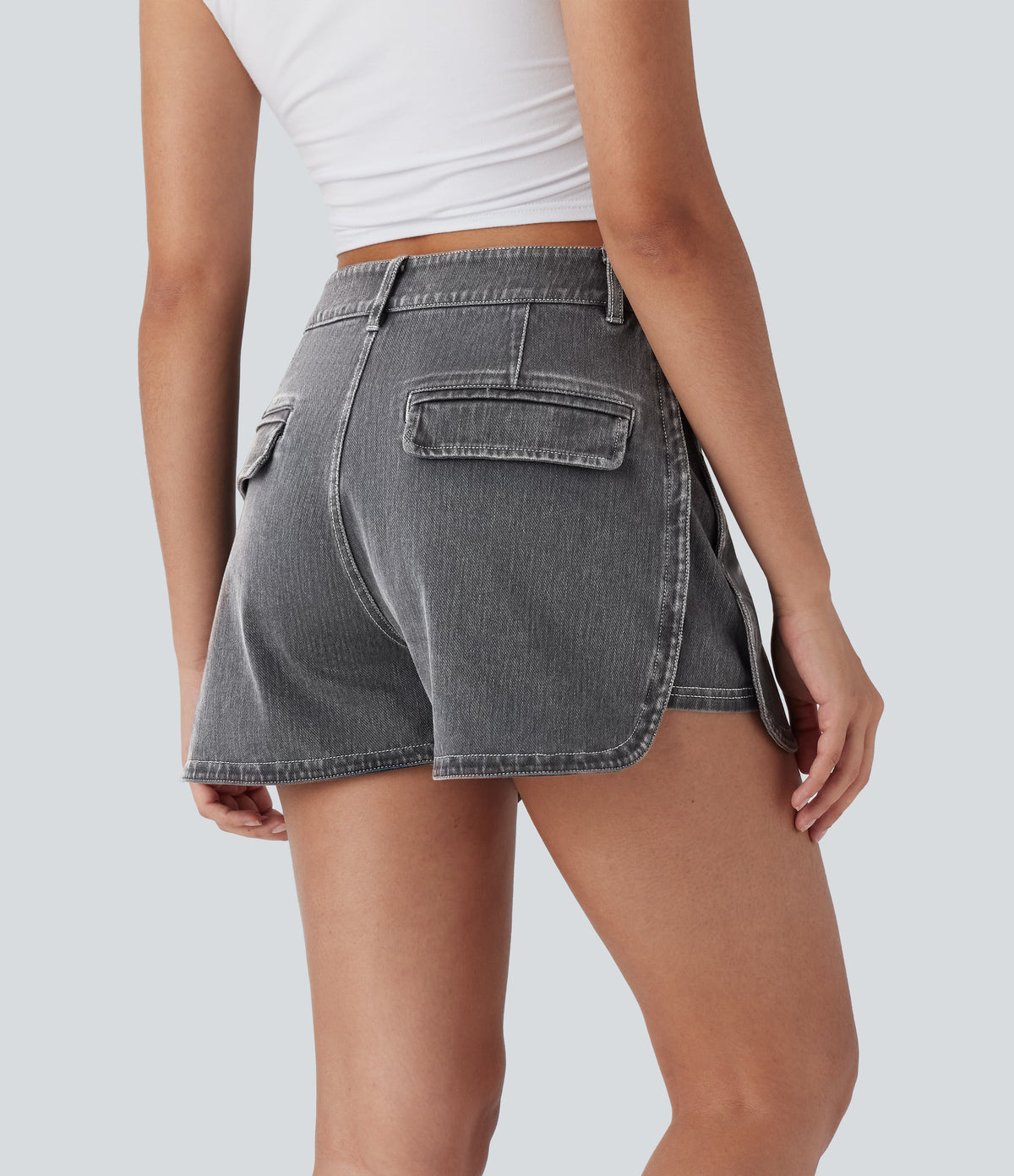 High Waisted Zipper Curved Hem Denim Casual Shorts 3'' — Smoky Gray Denim — view 2