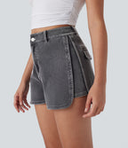 High Waisted Zipper Curved Hem Denim Casual Shorts 3'' — Smoky Gray Denim — view 4