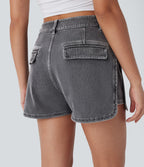 High Waisted Zipper Curved Hem Denim Casual Shorts 3'' — Smoky Gray Denim — view 6