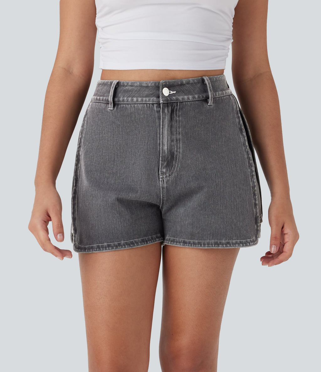 High Waisted Zipper Curved Hem Denim Casual Shorts 3'' — Smoky Gray Denim — view 3