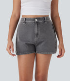High Waisted Zipper Curved Hem Denim Casual Shorts 3'' — Smoky Gray Denim — view 3