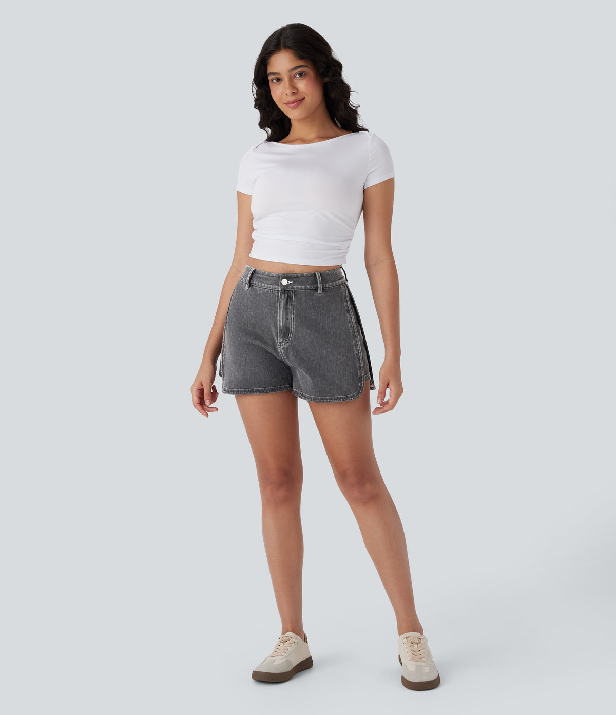High Waisted Zipper Curved Hem Denim Casual Shorts 3'' — Smoky Gray Denim — view 7