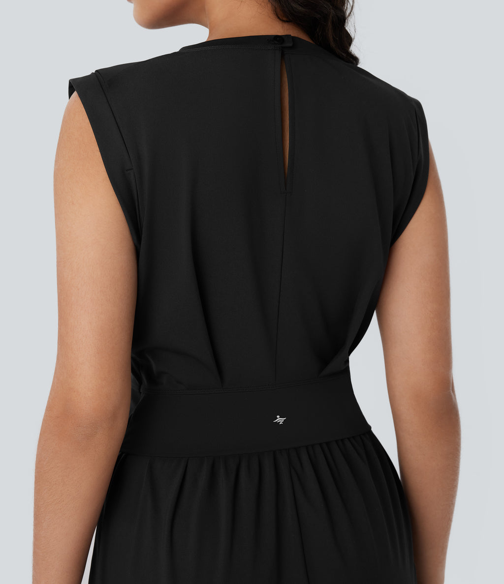QuickDry Round Neck Sleeveless Keyhole Back Side Pocket Yoga Jumpsuit-Edition — Black — view 5