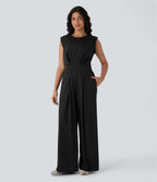 QuickDry Round Neck Sleeveless Keyhole Back Side Pocket Yoga Jumpsuit-Edition — Black — view 3