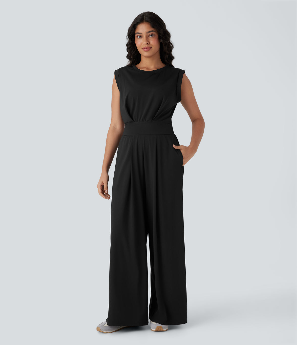 QuickDry Round Neck Sleeveless Keyhole Back Side Pocket Yoga Jumpsuit-Edition — Black — view 3