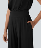 QuickDry Round Neck Sleeveless Keyhole Back Side Pocket Yoga Jumpsuit-Edition — Black — view 6
