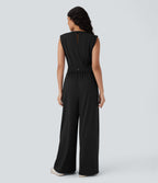 QuickDry Round Neck Sleeveless Keyhole Back Side Pocket Yoga Jumpsuit-Edition — Black — view 2