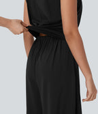 QuickDry Round Neck Sleeveless Keyhole Back Side Pocket Yoga Jumpsuit-Edition — Black — view 4