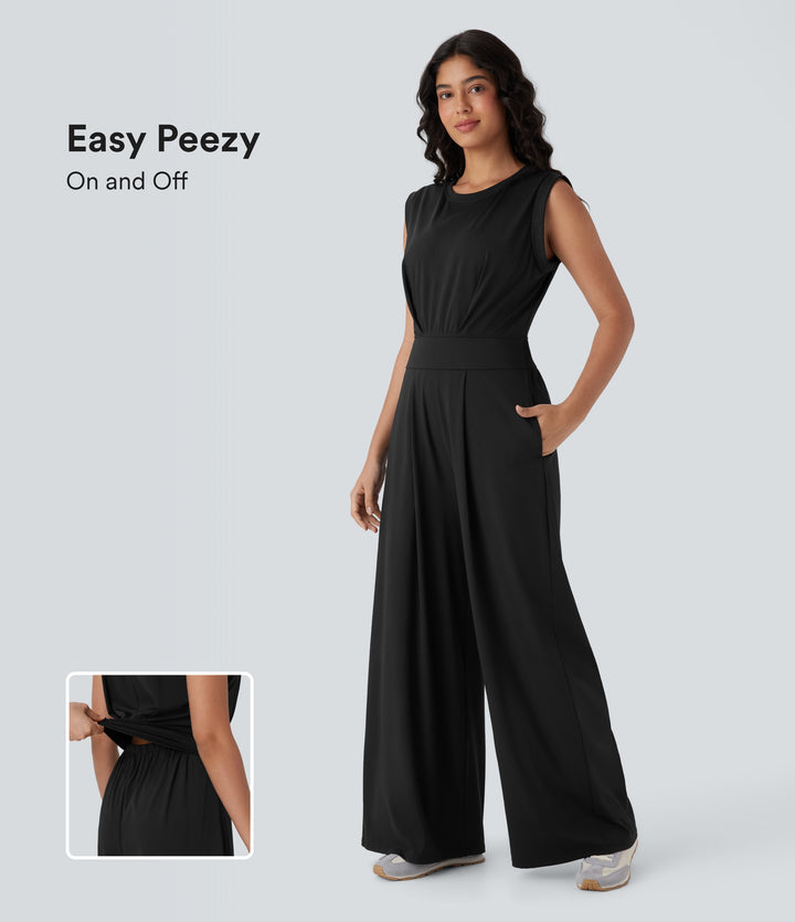 QuickDry Round Neck Sleeveless Keyhole Back Side Pocket Yoga Jumpsuit-Edition — Black — view 1