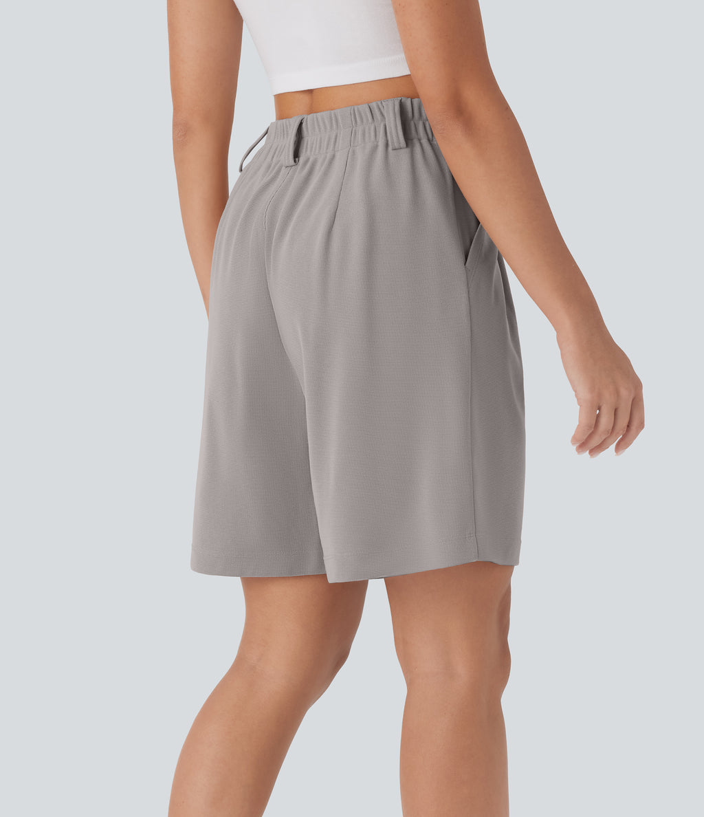 High Waisted Side Pocket Waffle Casual Bermuda Shorts — Mink Ash — view 3