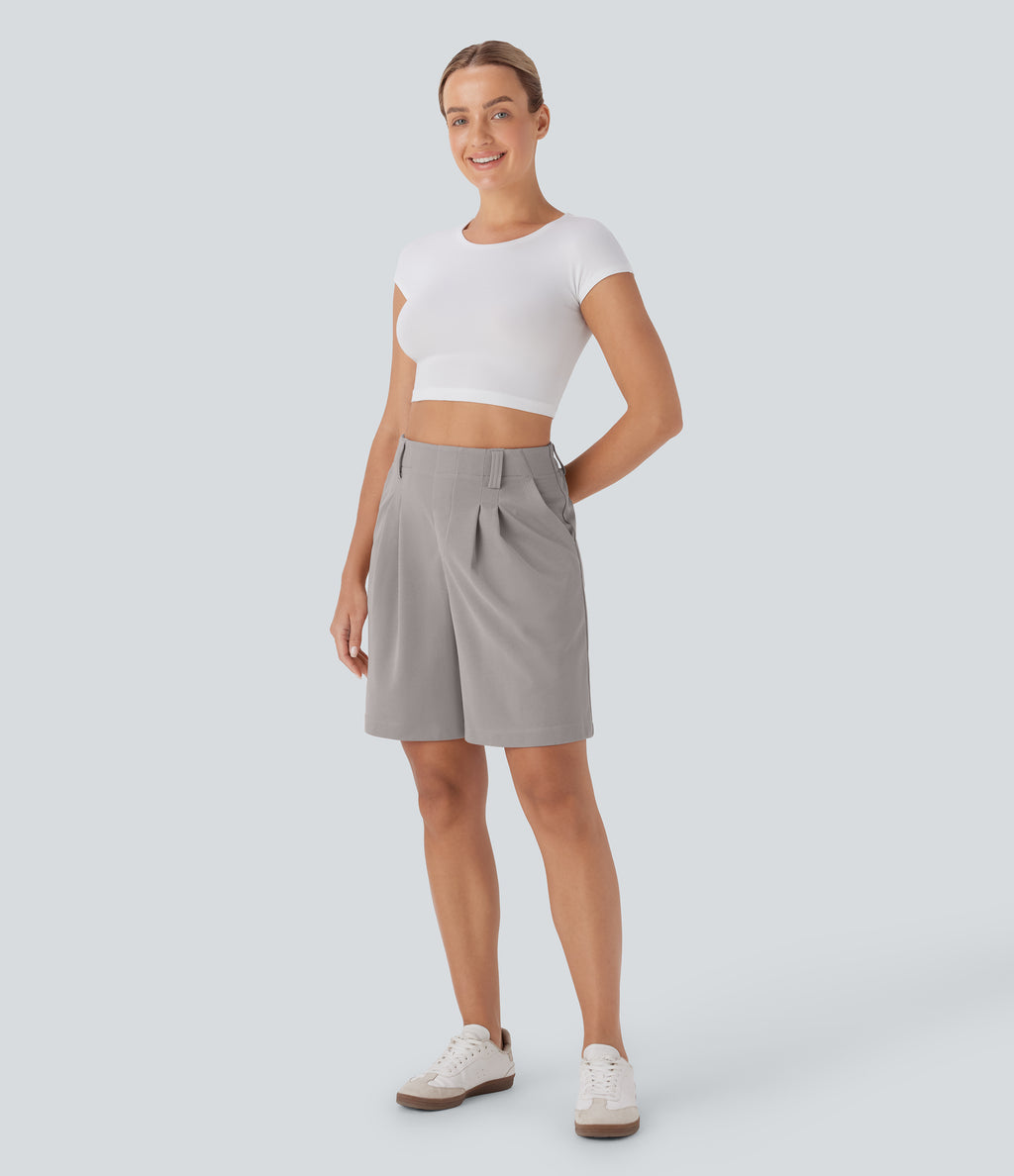 High Waisted Side Pocket Waffle Casual Bermuda Shorts — Mink Ash — view 6
