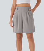 High Waisted Side Pocket Waffle Casual Bermuda Shorts — Mink Ash — view 1