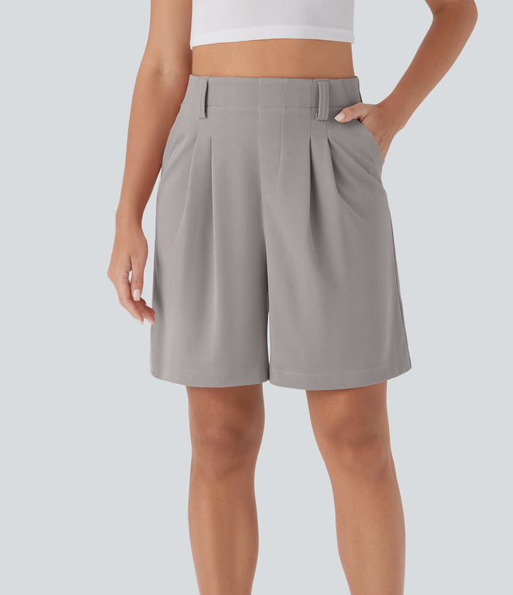 High Waisted Side Pocket Waffle Casual Bermuda Shorts — Mink Ash — view 1