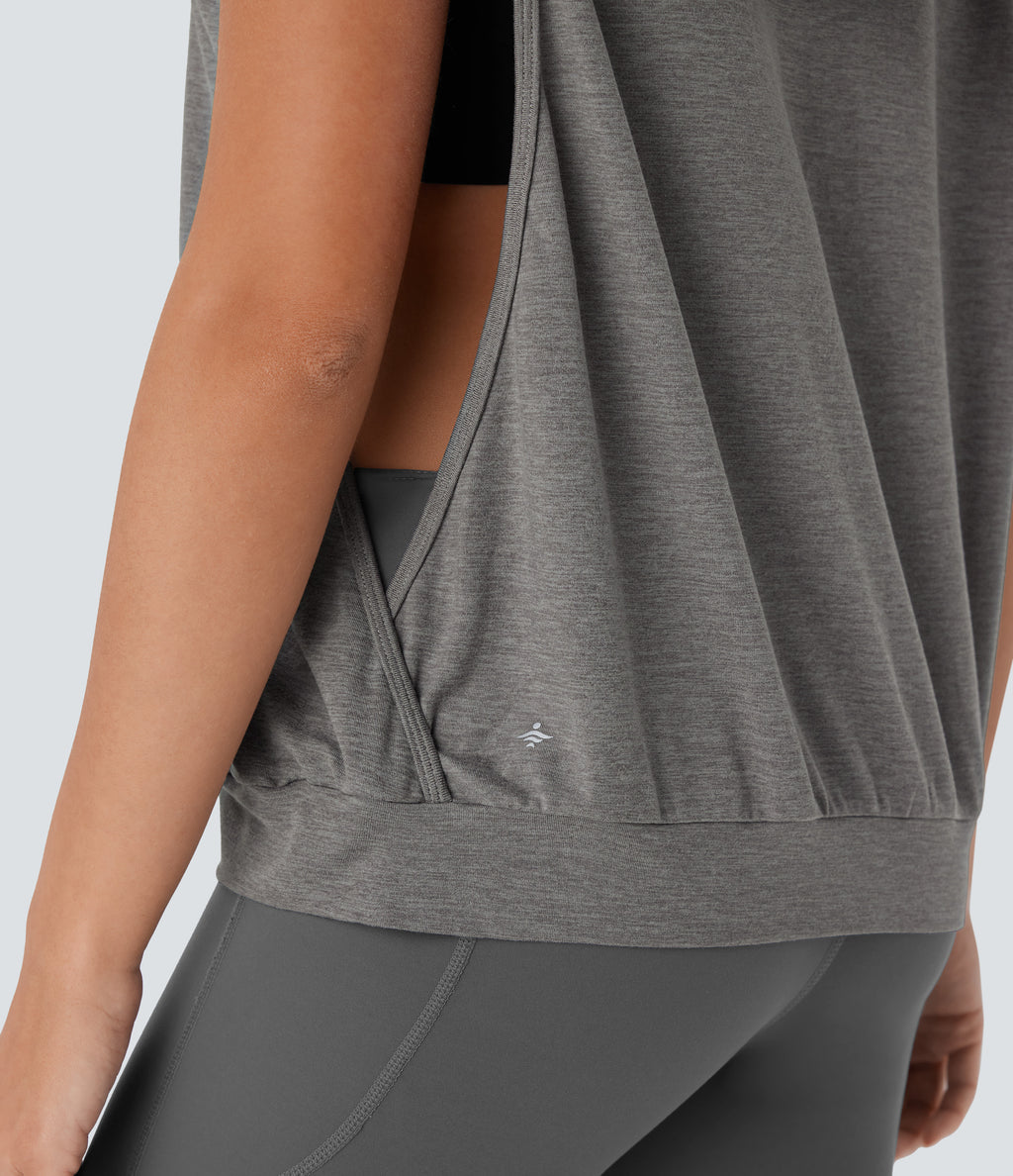 Hooded Drawstring Sleeveless Workout Tank Vest Top — Mottled Earth Gray — view 5