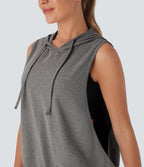 Hooded Drawstring Sleeveless Workout Tank Vest Top — Mottled Earth Gray — view 4