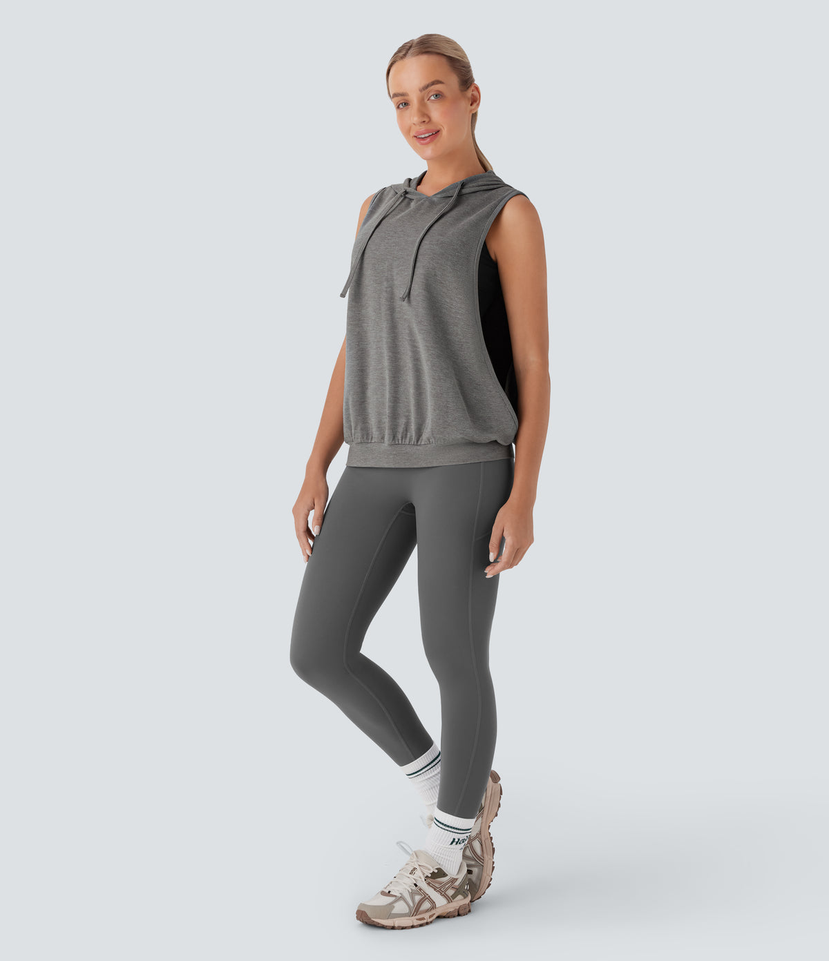 Hooded Drawstring Sleeveless Workout Tank Vest Top — Mottled Earth Gray — view 6