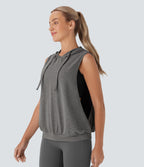 Hooded Drawstring Sleeveless Workout Tank Vest Top — Mottled Earth Gray — view 3