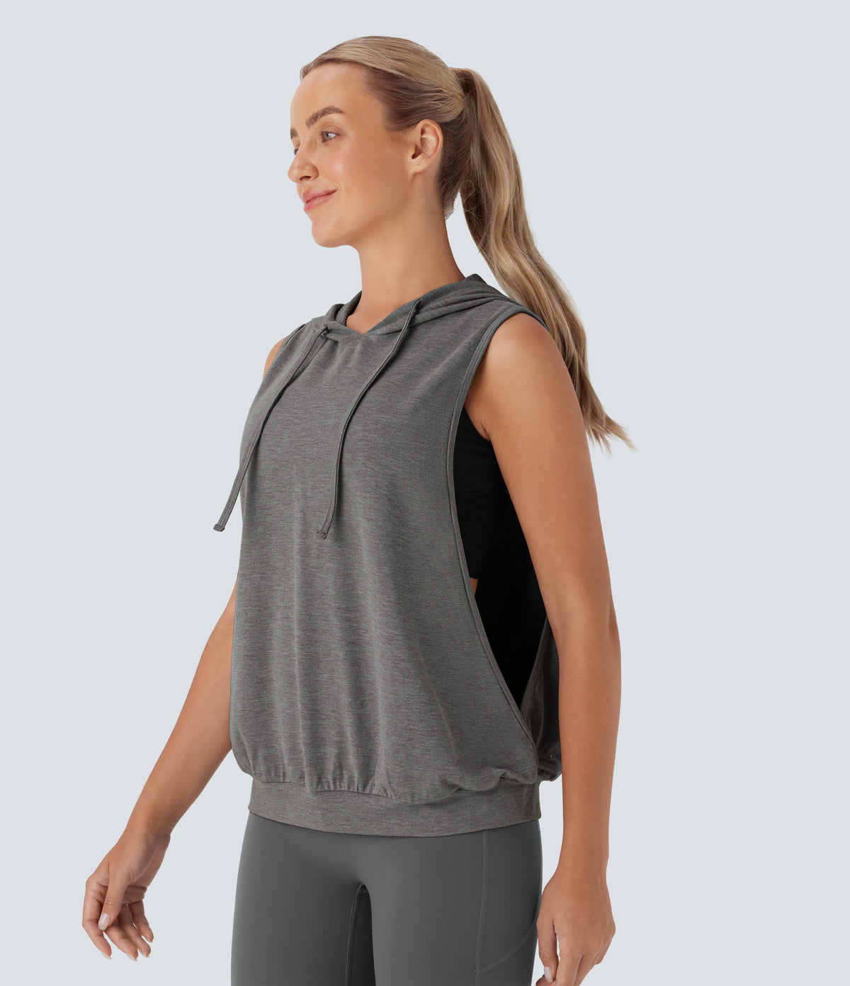 Hooded Drawstring Sleeveless Workout Tank Vest Top — Mottled Earth Gray — view 3