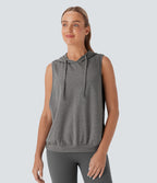 Hooded Drawstring Sleeveless Workout Tank Vest Top — Mottled Earth Gray — view 1