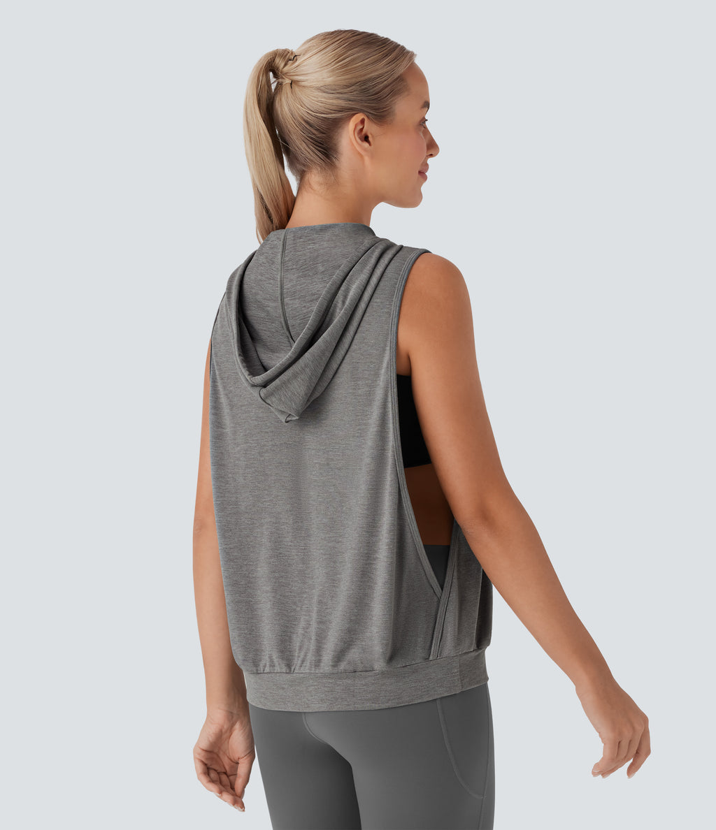 Hooded Drawstring Sleeveless Workout Tank Vest Top — Mottled Earth Gray — view 2