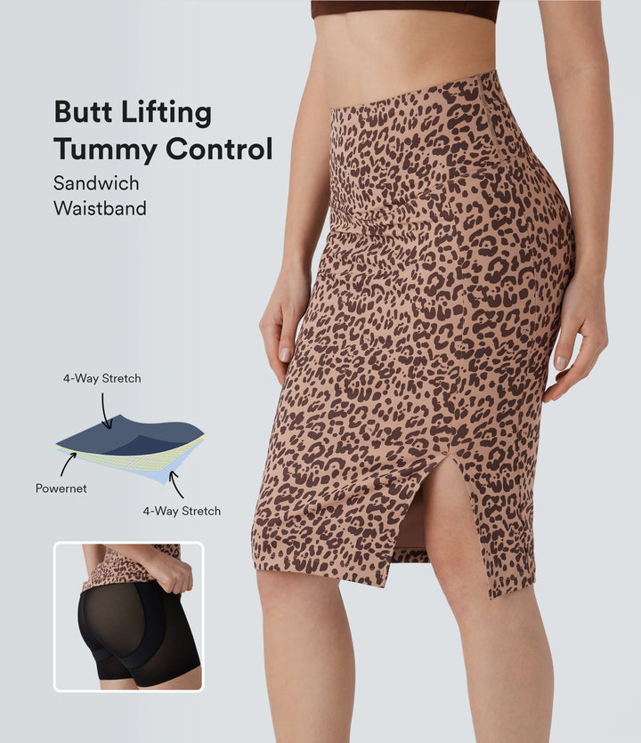 High Waisted Tummy Control Butt Lifting Midi Leopard Print Casual Shapewear Skirt — Dark Brown Leopard Print — view 1
