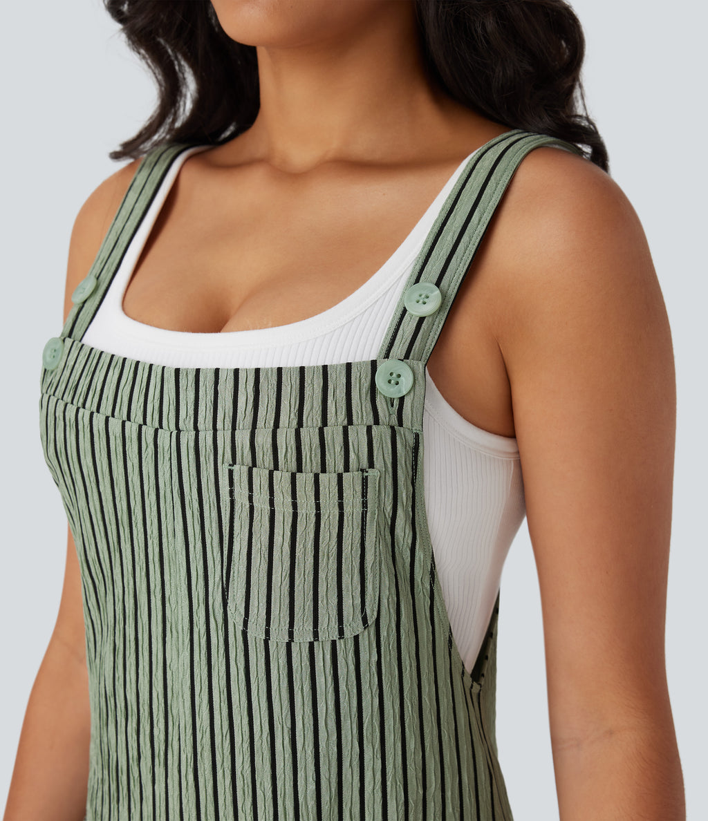 Adjustable Strap Button Multiple Pockets Casual Dungarees — Grey Green Black Stripes — view 4