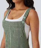 Adjustable Strap Button Multiple Pockets Casual Dungarees — Grey Green Black Stripes — view 4