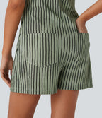 Adjustable Strap Button Multiple Pockets Casual Dungarees — Grey Green Black Stripes — view 5
