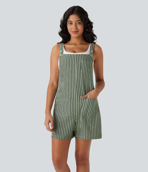 Adjustable Strap Button Multiple Pockets Casual Dungarees — Grey Green Black Stripes — view 1