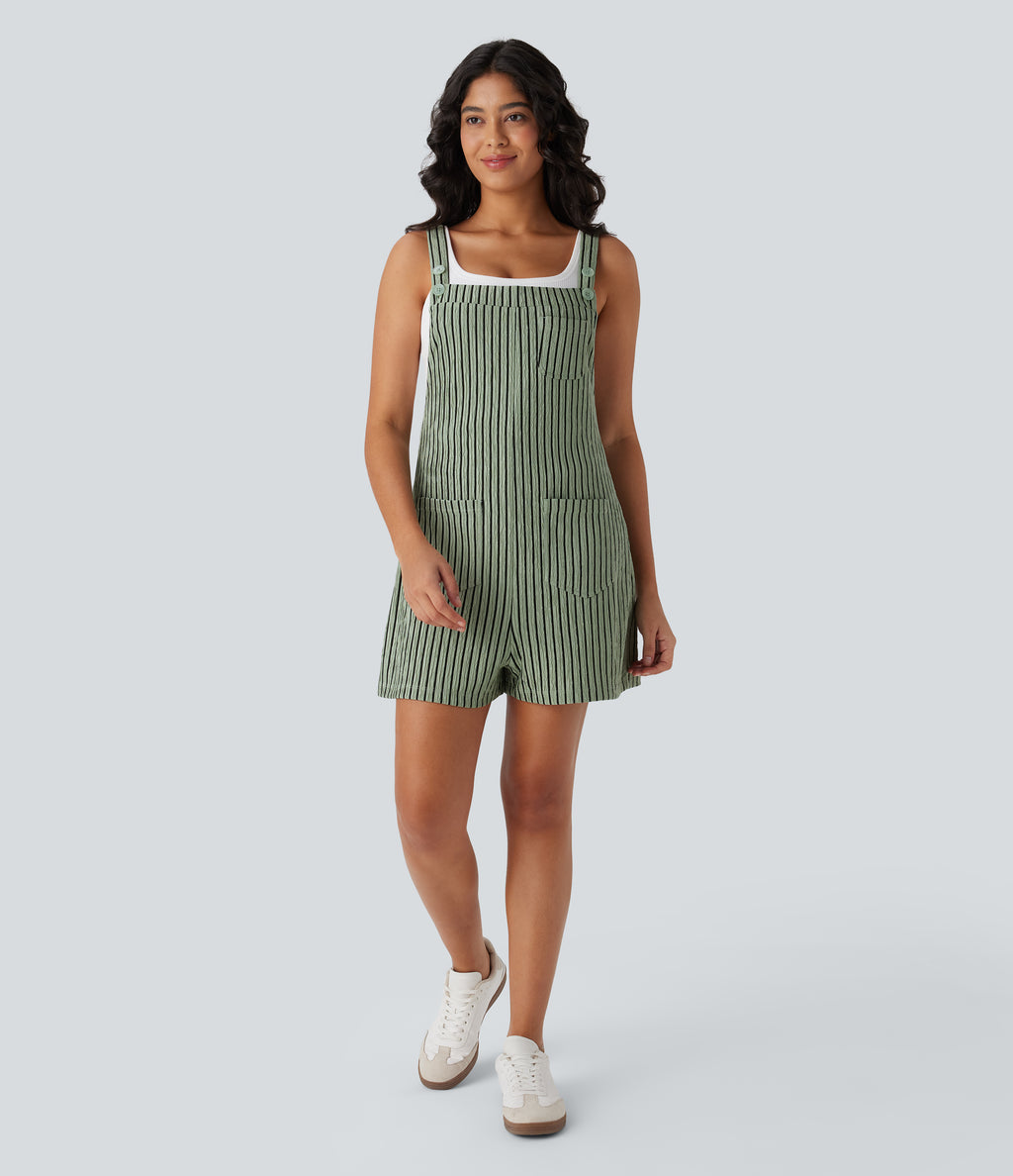 Adjustable Strap Button Multiple Pockets Casual Dungarees — Grey Green Black Stripes — view 7