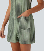 Adjustable Strap Button Multiple Pockets Casual Dungarees — Grey Green Black Stripes — view 6