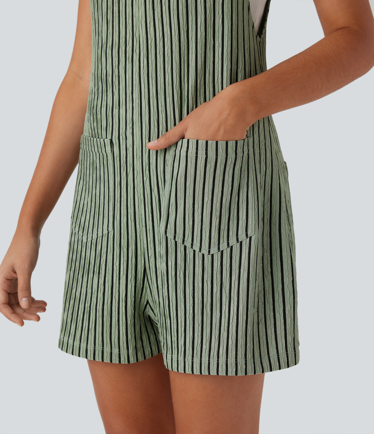 Adjustable Strap Button Multiple Pockets Casual Dungarees — Grey Green Black Stripes — view 6