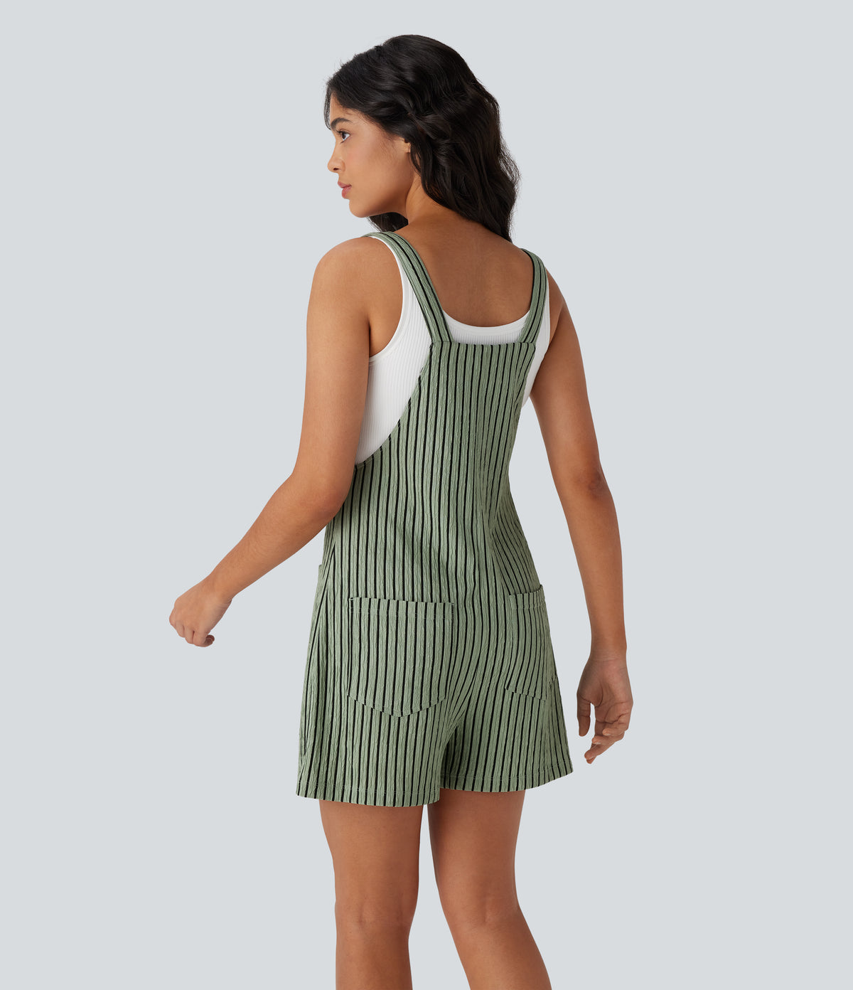 Adjustable Strap Button Multiple Pockets Casual Dungarees — Grey Green Black Stripes — view 2